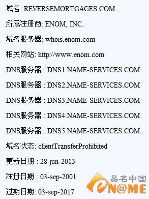 367萬元!反向抵押域名ReverseMortgages.com交易:域名新聞:域名門戶:eName.CN